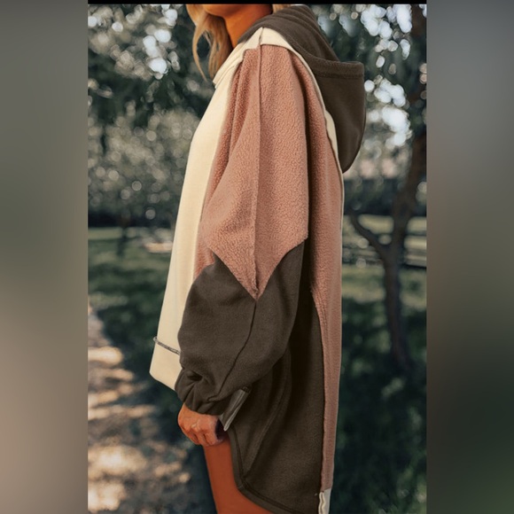 Emelia  oversized color block patchwork high low hoodie - Picture 3 of 4